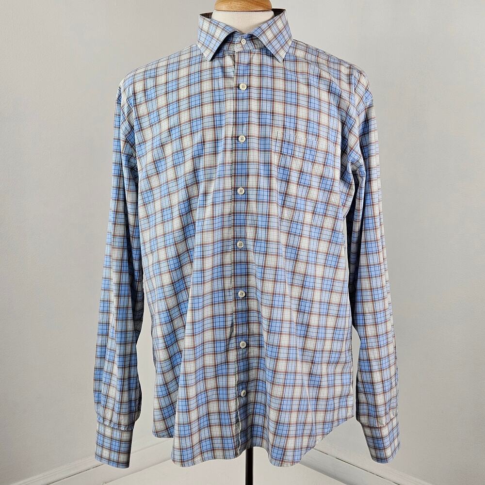 Peter Millar Blue Plaid‎ Button-Up Long Sleeve Dress Shirt | Men's XL